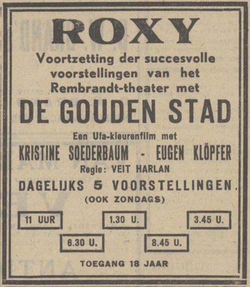 Film De Gouden Stad wordt na de brand in het Rembrandt – Theater voortgezet in het Roxy-Theater. Bron: Algemeen Handelsblad van 27-01-1943  