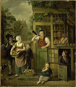 Broodbakker blaast hoorn Adriaan de Lelie, De broodbakker blaast zijn hoorn, omstreeks 1800<br />Collectie Amsterdam Museum inv nr. SA_39285 