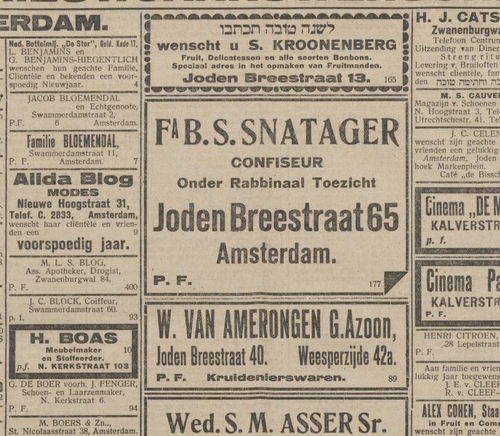 Advertentie uit 1920 Deze afbeelding/advertentie van Snatager is uit het Nieuw Israëlitisch weekblad van 10 september 1920. Daarnaast ook een advertentie voor Kruidenier Van Amerongen en een nieuwjaars wens van S. Kroonenberg (in groente en fruit).  