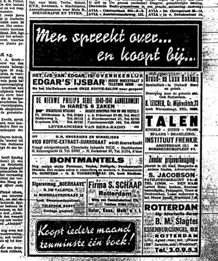 Advertentie NIW 23 augustus 1940 Diverse advertenties uit het Nieuw Israëlitisch Weekblad van 23 augustus 1940. Bovenaan staat een advertentie voor Edgar's IJsbar. Bron: JHM 