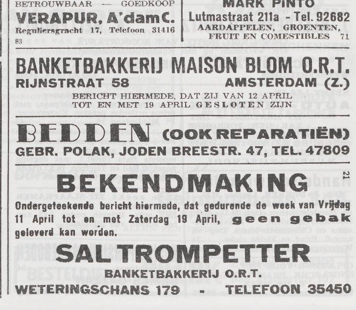 Advertentie.  <p>Deze advertentie voor de Firma van de gebroeders Polak is afkomstig uit: Het Joodsche Weekblad : uitgave van den Joodschen Raad voor Amsterdam, datum: 11 april 1942.</p>