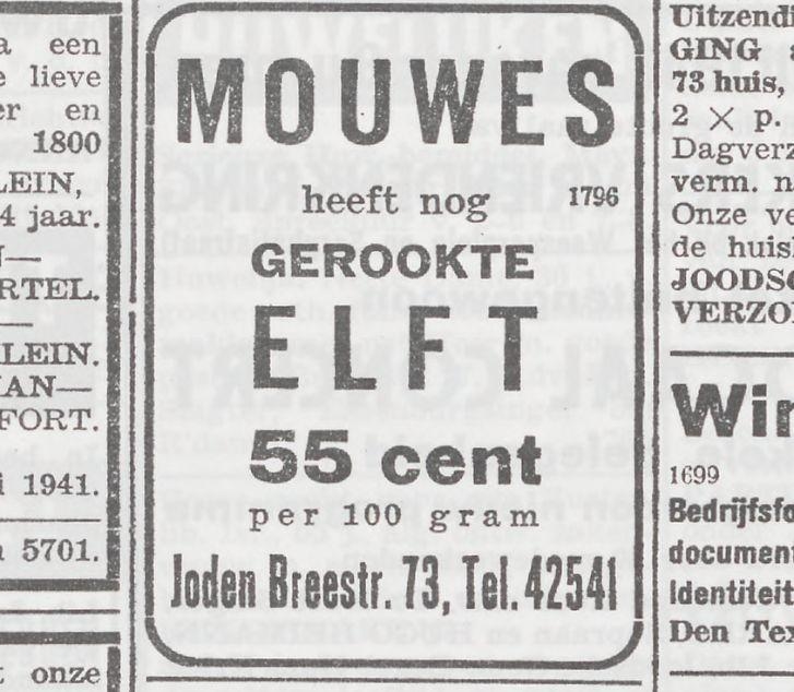 Advertentie.  <p>Deze advertentie voor de Vlees- en Viswinkel van Mouwes is afkomstig uit: Het joodsche weekblad : uitgave van den Joodschen Raad voor Amsterdam, datum: 27 juni 1941.<br />Elf is overigens een vis uit de haringfamilie.</p>