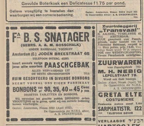 De firma Snatager. Deze afbeelding komt uit het Nieuw israëlitisch Weekblad van 15 april 1932.<br />Bron: KB Historische Kranten 