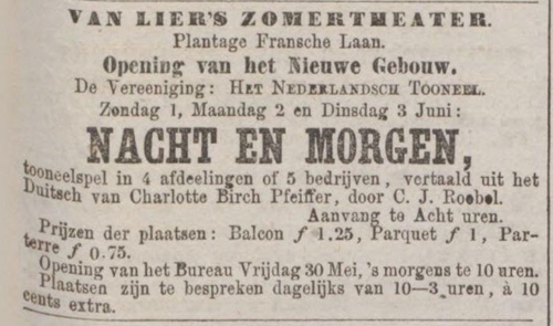 Schouwburg Van Lier 1879 eerste voorstelling in Plantage Schouwburg Algemeen Handelsblad van 01-06-1879   