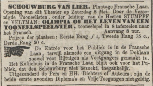 Aankondiging van de eerste voorstelling in het nieuwe theater van Abraham van Lier in de Plantage Franschelaan. Bron: Algemeen Handelsblad van 06-05-1875.  