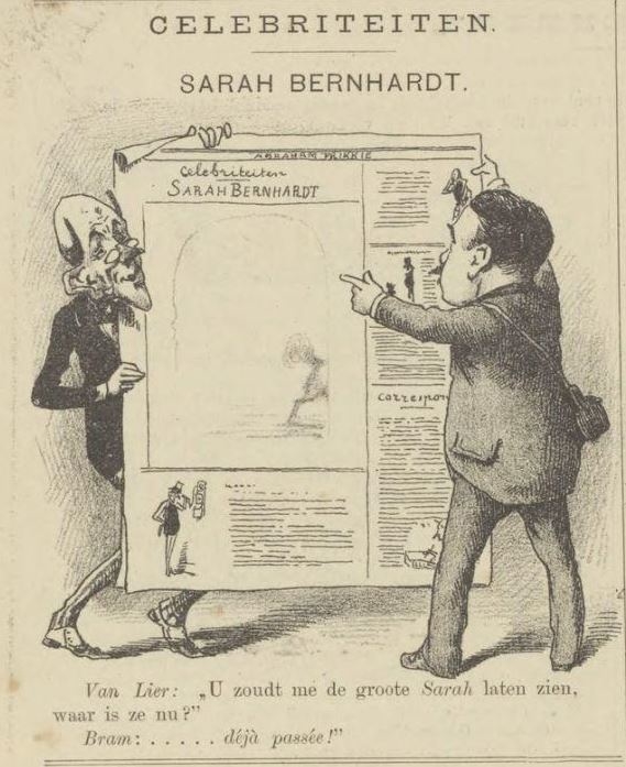 Cartoon over Sarah Berhardt met A. van Lier, in: Abraham Prikkie's op- en aanmerkingen, jrg 2, 1892-1893, no 35, 25-09-1892   