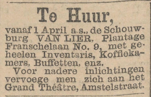 De Plantage Schouwburg staat vanaf 1 april 1895 te huur! Bron: Het nieuws van den dag: kleine courant van 21-02-1895  