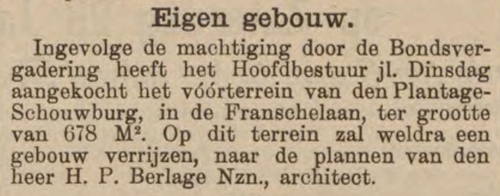 Aankoop gebouw in de Plantage Franschelaan, Weekblad van den Algemeenen Nederlandschen Diamantbewerkersbond, jrg 4, 1898, no 3, 21-01-1898  