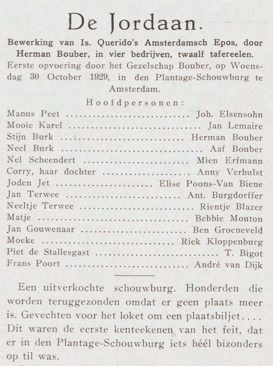Rolverdeling De Jordaan, met een belangrijke rol van Elize Poons – Van Biene.   