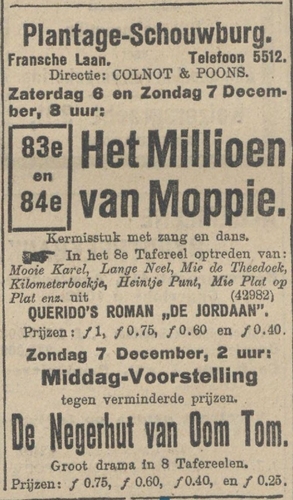 Algemeen Handelsblad 09-12-1913 Millioen van Moppie met Negerhut Oom Tom  