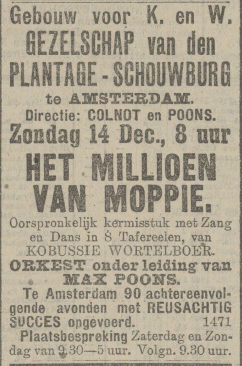 Haagsche Courant van 11-12-1913. Millioen van Moppie met een orkest o.l.v. Max Poons.  