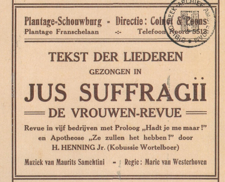Afbeelding uit het programma van de voorstelling Jus Suffragii. Bron: Stadsarchief Amsterdam, klein materiaal, inv.nr. 15009-13279.  