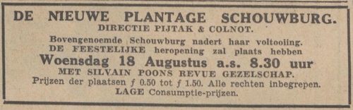 Advertentie t.g.v. de heropening van de schouwburg, nu onder Pijtak en Colnot.  