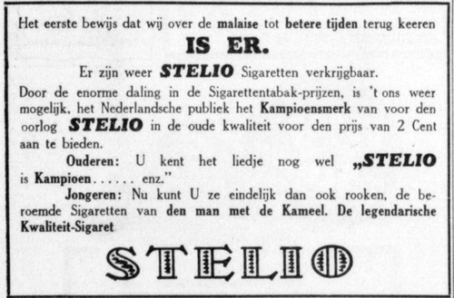 Ze zijn er weer, de Stelio sigaretten. Bron: De Telegraaf, 1930.   