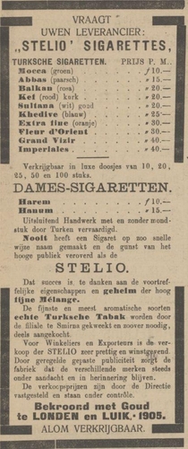 Prijslijst sigaretten, alle soorten en ook 'damessigaretten. Bron: De Delftsche Courant van 26 nov. 1905.  