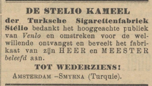 De beroemde Stelio-kameel was op bezoek. Bron: De Venloosche Courant van 27 feb. 1907.   