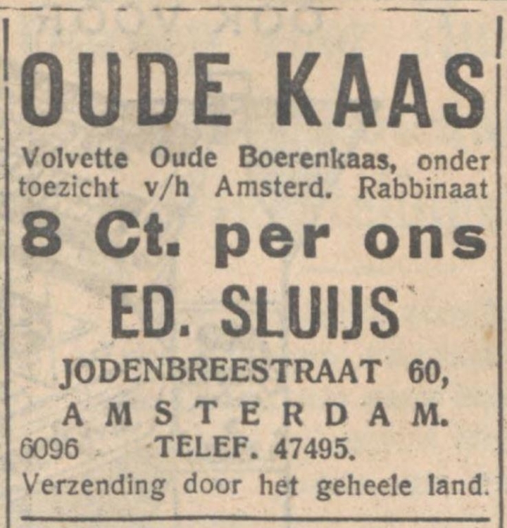 Advertentie voor de Kaaswinkel van Eduard Sluijs.   