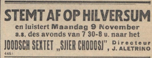 Het NIW 06-11-1931 advertentie voor een optreden van het sextet Sjiers Chodosh o.l.v. J. Aletrino.  
