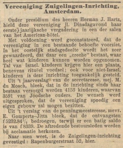 Eerste jaarvergadering van de "Vereeniging Zuigelingen-Inrichting Amsterdam". Bron: het NIW van 14 februari 1908 (via Delpher).  