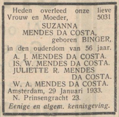 Familiebericht m.b.t. het ovelrijden van Mevrouw Mendes da Costa-Binger. Bron: het NIW van 3 februari 1933 (via Delpher).  