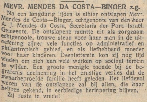 Overlijden van Mevrouw Medes da Costa - Binger. Bron, het NIW van 03 februari 1933 (via Delpher).  