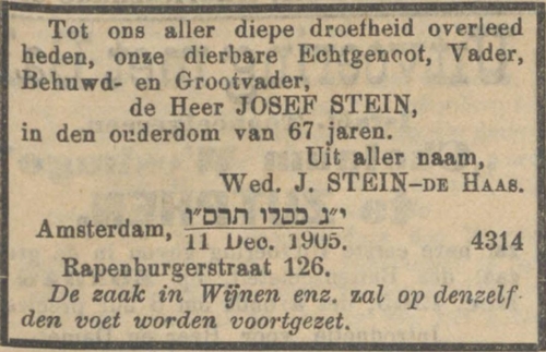 Het overlijden van Josef Stein, bron: 15 december 1905 (via delpher).  
