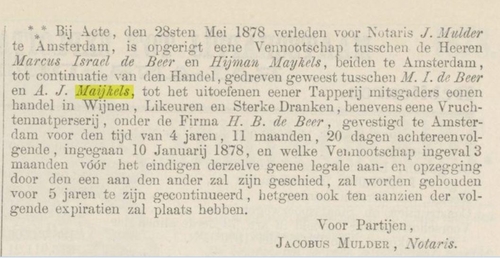 Opnieuw een vennootschap De Beer en Maijkels. Bron: Ned. Staatscourant van 01-06-1878 (via Delpher).   