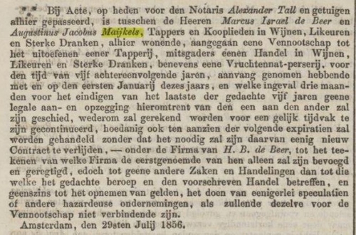 De Beer en Maijkels gaan een ‘Vennootschap aan’, bron: Nederlandsche Staatscourant van 02-08-1856 (via Delpher)  