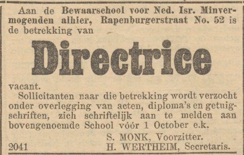 Vacature directrice voor de Bewaarschool, bron: het NIW van 15 september 1911 (Via Delpher).  
