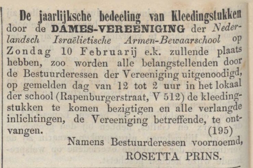 De damesvereniging en de bedeling van kledingstukken. Bron: het NIW van 8 februari 1867 (via Delpher).  