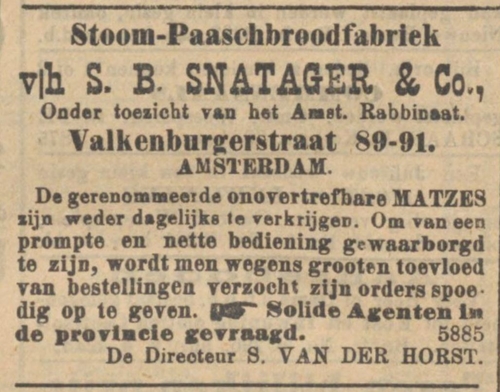 Advertentie met adres Snatager in de Valkenburgerstraat. Bron: het NIW van 13-03-1903 (via delpher)  