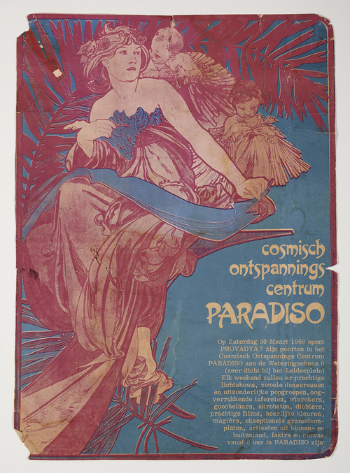 Eerste poster van  het Cosmisch Ontspanningscentrum Paradiso, ontwerp Willem de Ridder  