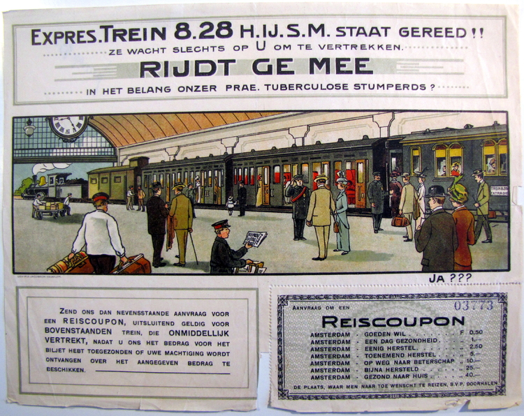 Afbeelding van een actiepamflet, bron: Stadsarchief Amsterdam, Inventarisnummer 30363: Archief van de vereniging Trein 8.28 H.IJ.S.M  
