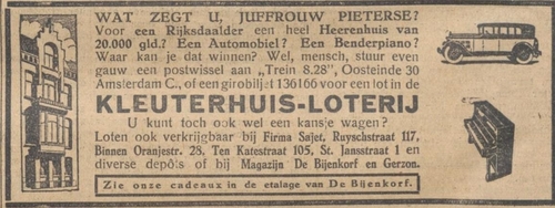 Alg. handelsblad van 18-10-1929 over de loterij met prijzen + gedicht  