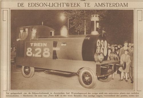 Foto van de auto-corso in Amsterdam met Trein 8.28 ter gelegenheid van het Edison-festijn. Bron: de Arnhemsche courant van 02-11-1929  