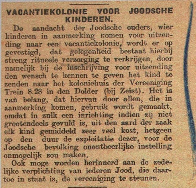 Vacantiekolonie voor Joodsche Kinderen. Bron Centraal Blad voor Isr. In Ned. van18-04-1924  