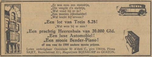 Alg. handelsblad van 18-10-1929 over de loterij met prijzen + gedicht  