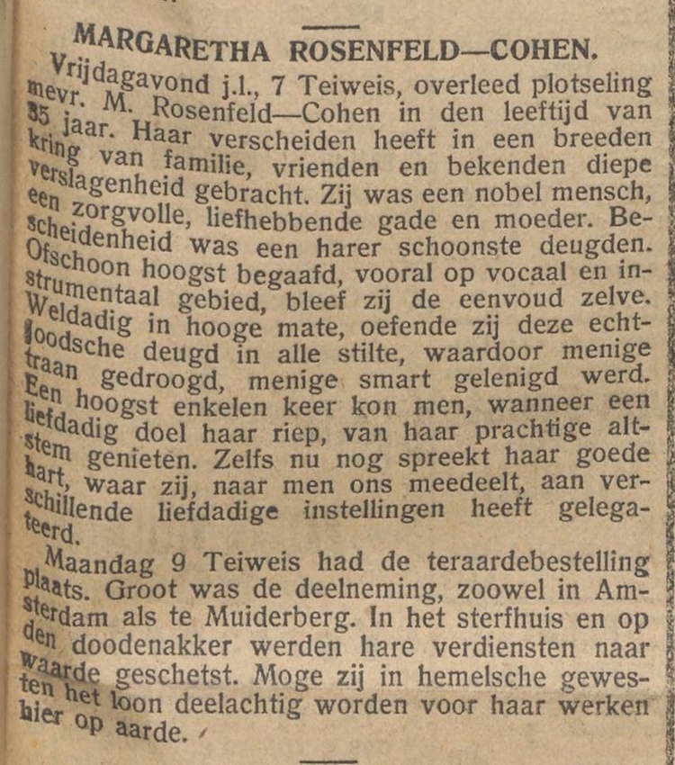Overlidensbericht van Margaretha Rosenfeld - Cohen NIW 13-01-1922  