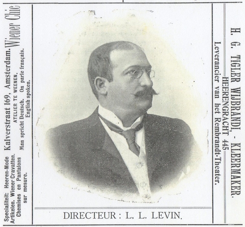 Foto van de eerste directeur Leo Levin uit een programmaboekje van het Rembrandt – Theater, datering onduidelijk, maar in ieder geval uit 1902.  