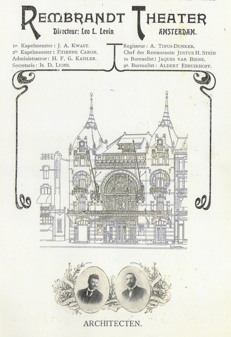 Binnenblad van een programmaboekje van het Rembrandt – Theater met onderaan de twee architecten. Datering hoogstwaarschijnlijk 1902.  