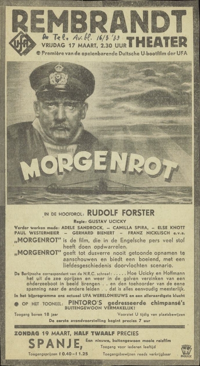 Advertentie voor de film Morgenrot, bron: De Telegraaf 16 maart 1933  