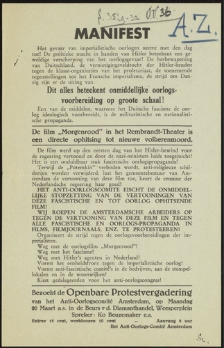 Manifest tegen de vertoning van de film Morgenrot. Bron: SAA inventarisnummer 5225-4866  