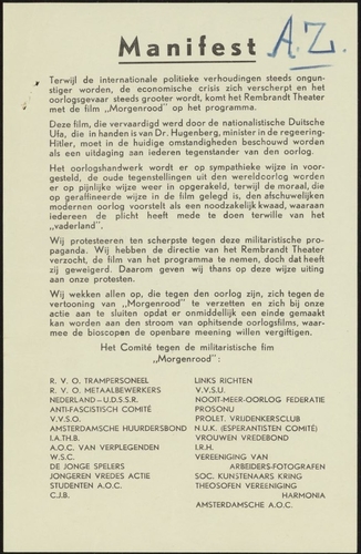 Manifest 2 tegen de vertoning van de film Morgenrot. Bron: SAA inventarisnummer 5225-4866  