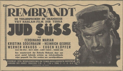 Advertentie voor de film ‘Jud Süss’, bron: het Algemeen Handelsblad van 23-01-1941  