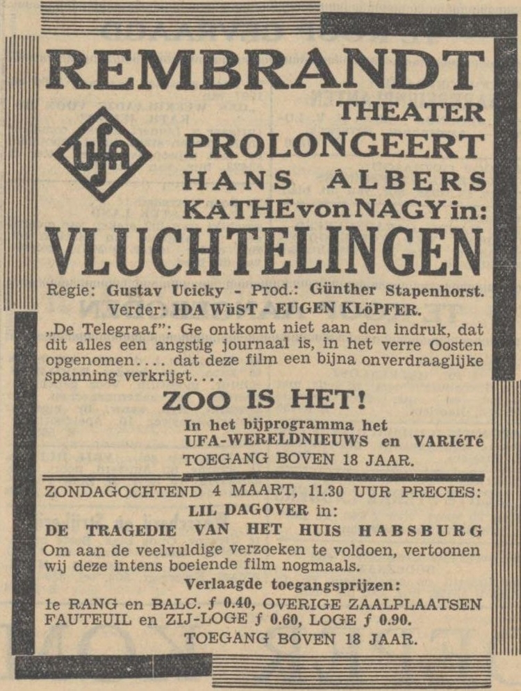 Advertentie voor de film Vluchtelingen. Bron: De Tijd van 01-03-1934  