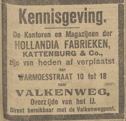 Verhuisbericht van Hollandia Kattenburg, bron: het Algemeen. Handelsblad van 18-11-1916   