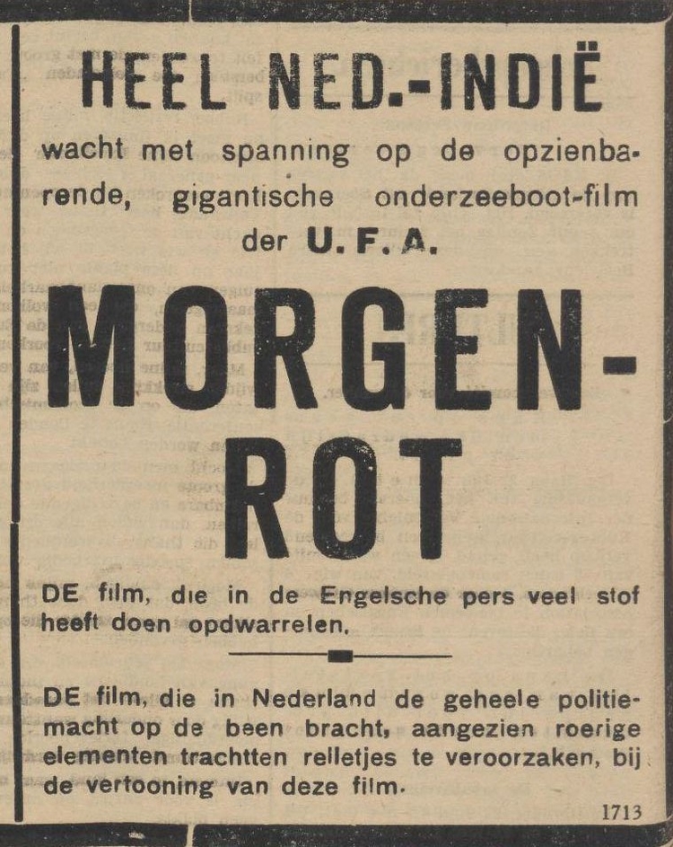 Kwestie film Morgenrot in Ned. Indië. Bron: Indische Courant 23-6-1933  