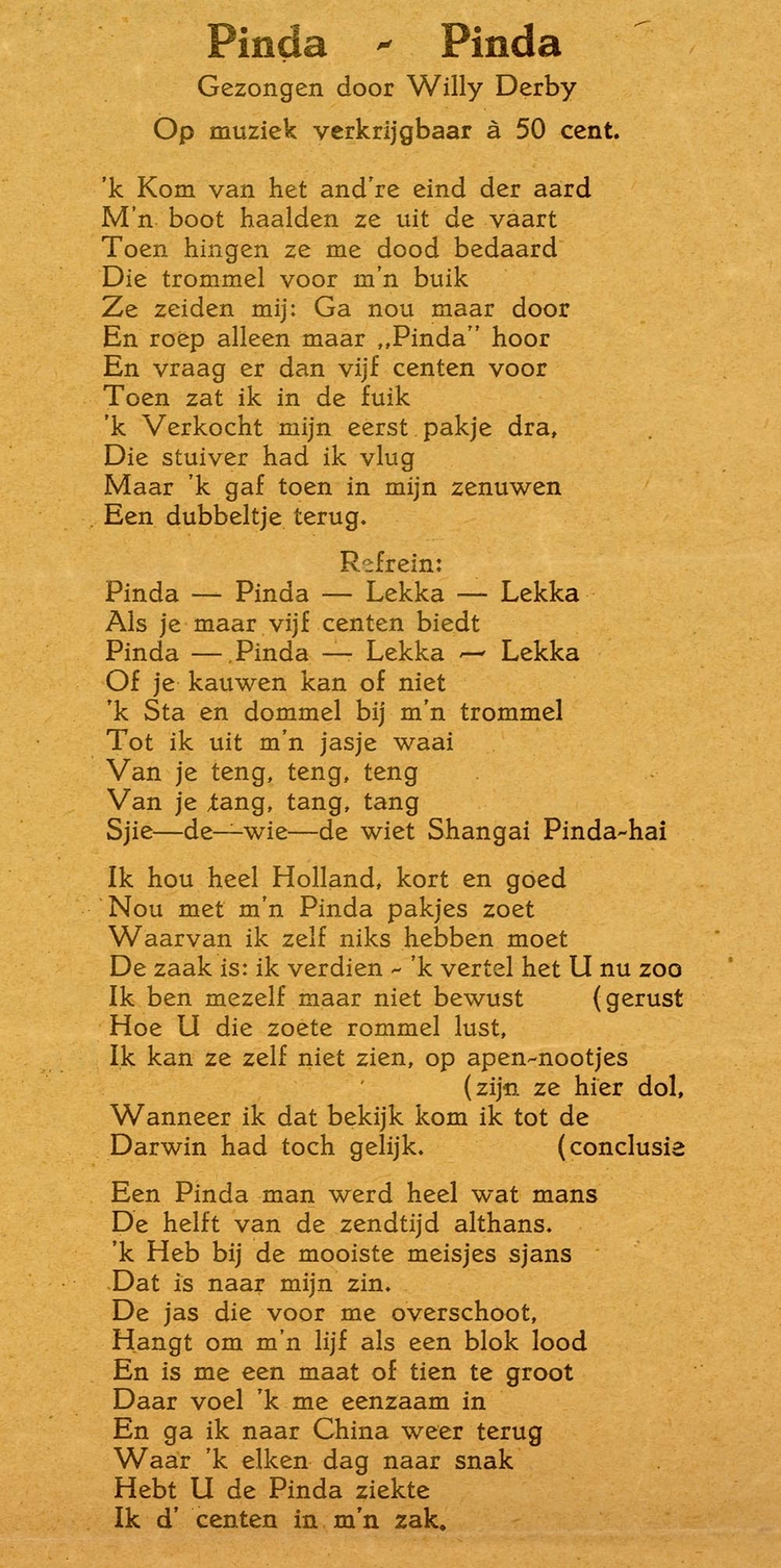 Tekst van het lied 'Pinda Pinda lekka' gezongen door Willy Derby, bron Geheugen van Nederland, zie map Nieuwmarkt  