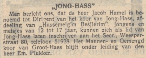Jong Hass Jacob Hamel benoemd tot koordirigent Jong Hass – bron: het NIW van 09-11-1934  