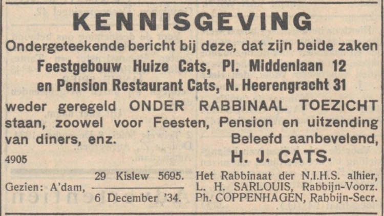 O.R.T. bijeenkomsten in Huize Cats en pension restaurant Cats, bron: het NIW van 07-12-1934  